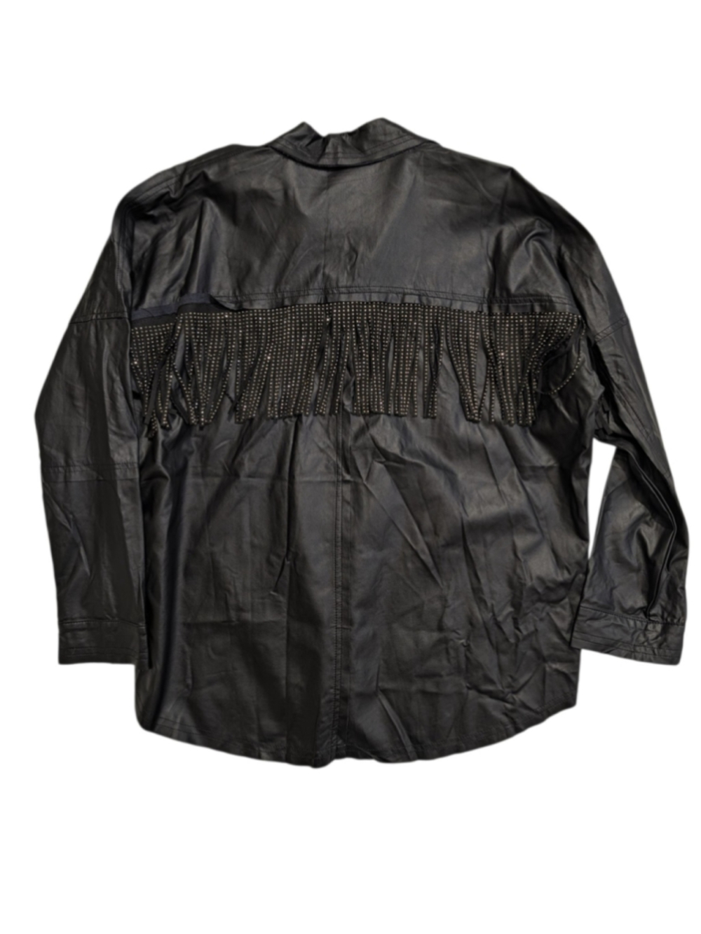VICI Black Faux Leather Rhinestone Fringe Button Down Shirt Size Small - Picture 4 of 11